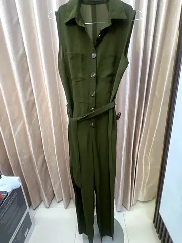 Olive green utility-style womens jumpsuit, button front with belt - like new