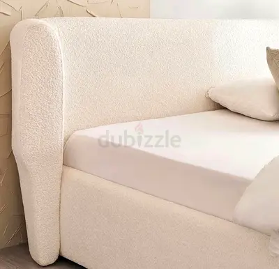White Upholstered Bed Frame with Padded Headboard (Bouclé Look)