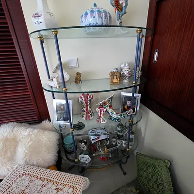 Glass Display Shelf with Metal Frame with gold plated knobs and 2 side tables and a coffee table