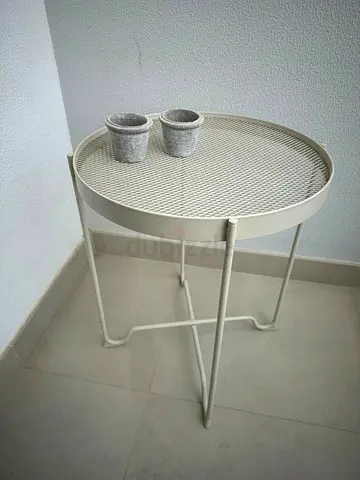 Round Metal Side Table with Mesh Top — Beige/Off-white