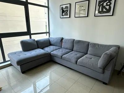 Grey L-shaped Fabric Sofa - Comfortable 3+1 Seater (one small tear, easily fixed)
