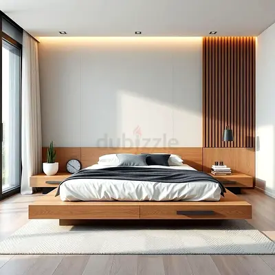 Modern low-profile wooden platform bed with built-in nightstands