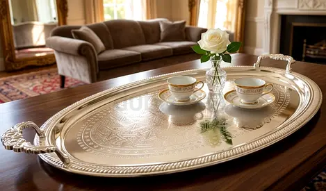 Large Decorative Silver Serving Tray - Vintage Style