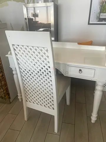 White Wooden Desk and Matching Lattice-Back Chair set - Good Condition
