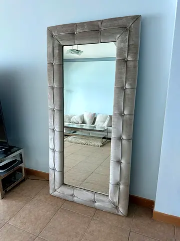 Large Floor Mirror with Padded Velvet Frame - Neutral Silver/Grey