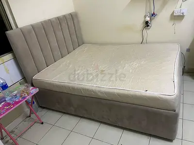Queen size upholstered bed frame with mattress (used)