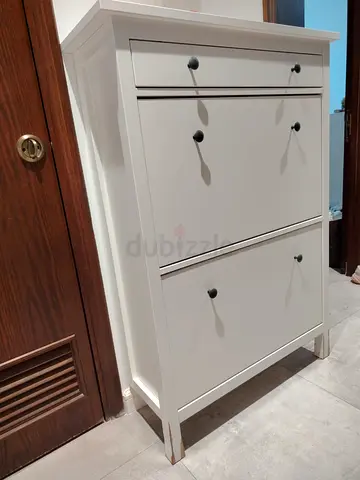White Narrow Shoe Cabinet with Two Drop-Down Compartments