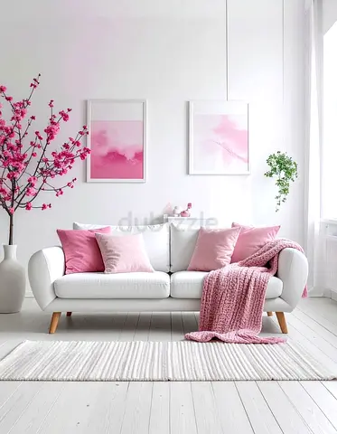 White 3-Seater Sofa with Pink Cushions and Throw — Modern, Light Wooden Legs