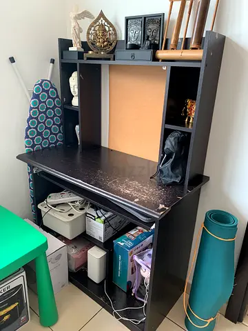 Used dark wood computer desk with hutch and shelves — good condition