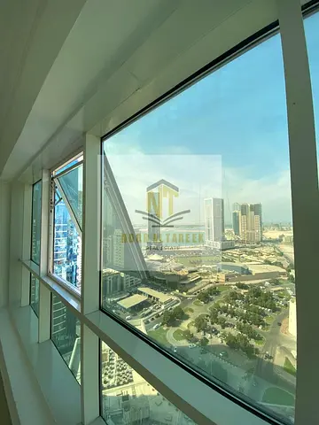 Al Taawun Apartment, 3 rooms, a living room, 4 bathrooms, a balcony, a maid’s room, parking, a free month, a gym, and a swimming pool.
