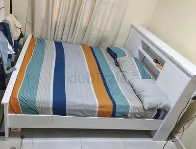 White Wooden Bed with Built-in Headboard Storage - Good Condition