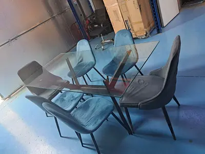 Glass Top Dining Table with 6 Velvet Chairs - Blue