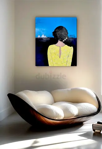 Original Framed Painting – Woman in Yellow Dress Facing Sea (Contemporary)