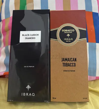 Two boxed mens fragrances — IBRAQ Black Carbon Diamond (150ml) and Jamaican Tobacco (100ml)