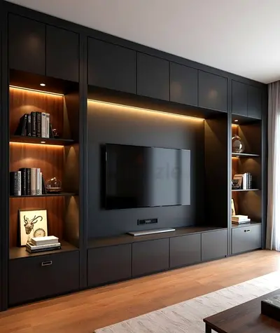 Custom Built-in Entertainment Wall Unit with Shelving and LED Lighting