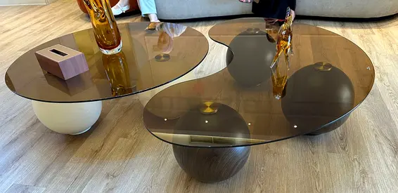 Set of 2 Modern Glass Top Coffee Tables with Sculptural Bases