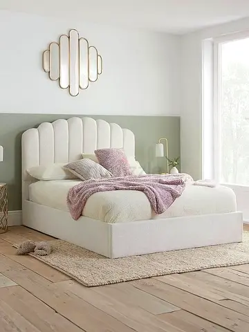White Upholstered Bed with Scalloped Headboard - Queen/Double