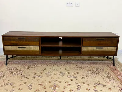 Wooden TV Unit with Drawers and Open Shelves - Rustic Finish
