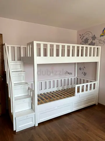 Solid White Wooden Bunk Bed with Staircase and Storage (Twin/Full)