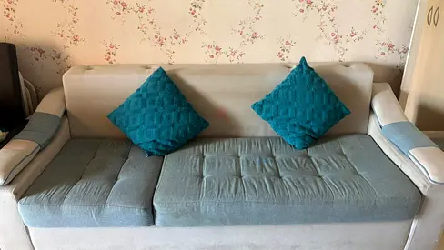 3-Seater Fabric Sofa in Light Blue and Cream Good Condition