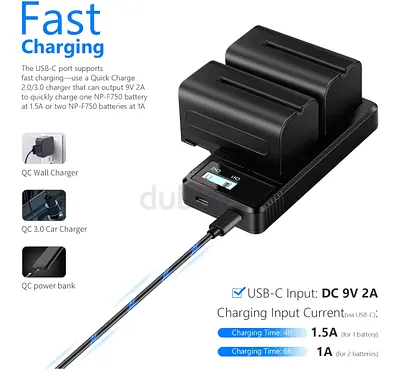 Dual Camera and Light Battery with Charger Dock with USB-C Fast Charge for Camera Batteries (2-slot)