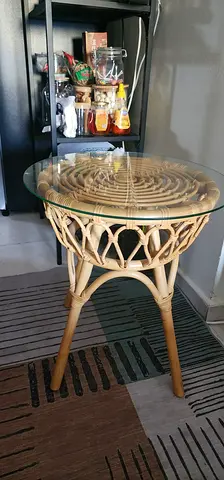 Round Rattan Side Table with Glass Top - Natural Finish
