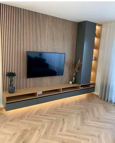 Modern Wall-mounted Entertainment Unit with Vertical Slat Feature Wall