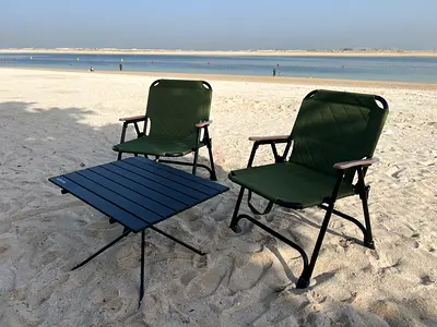 Set of 3, Foldable Outdoor Camping Chairs (2) with Small Folding Table (1) - Dark Green