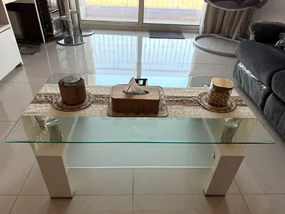 Glass Top Modern Coffee Table with Lower Shelf - White Legs