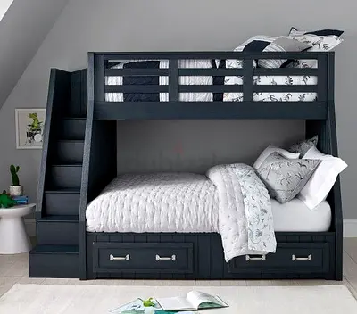 Solid Wood Twin-Over-Full Bunk Bed with Storage Drawers and Stairs - Dark Grey
