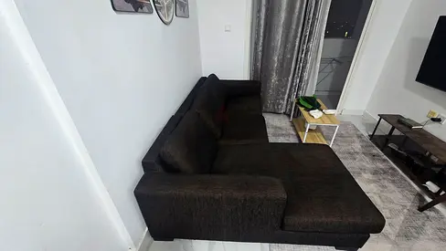 Dark Brown L-Shaped Fabric Sofa - Good Condition, Comfortable