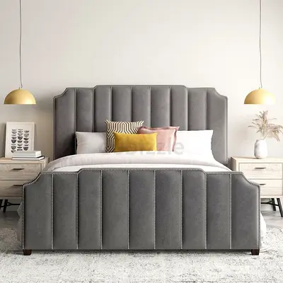 Upholstered Grey Velvet Bed Frame with Headboard and Footboard - Queen/King (see details)