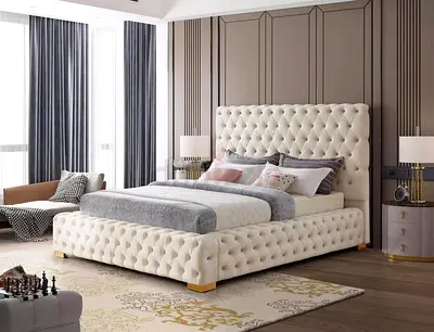 Queen/King Tufted Upholstered Bed - Cream Velvet, With Headboard