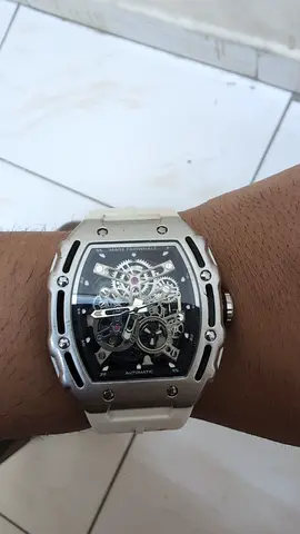 Automatic, White skeleton mechanical mens watch with rubber strap