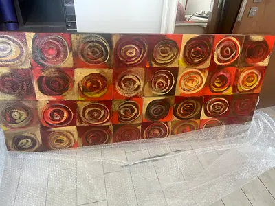 Large Abstract Spiral Panel Painting - Red  Gold