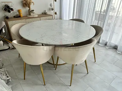 Round Marble-Top Dining Table with 6 Velvet Chairs