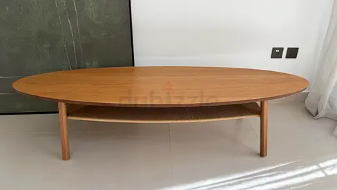 Oval Wooden Coffee Table with Lower Shelf - Light Oak Finish