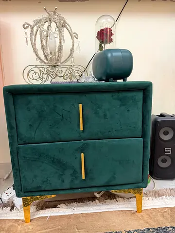 King size Emerald Green Velvet Bed and Bedside Table with Gold Legs - 2 Drawers