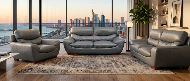 3-Piece Gray Leather Sofa Set with Armchair — Excellent Condition