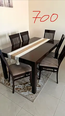 Solid Wood 6-Seater Dining Table with Chairs - Dark Brown