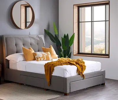 Modern Gray Upholstered Bed Frame with Headboard and Storage Drawers