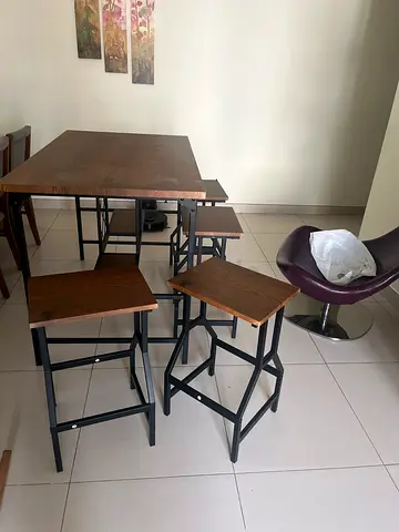 Wooden dining table with four matching high stools - sturdy metal frame