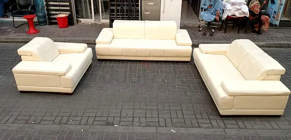 Cream Leather 3-Piece Sofa Set 3+2+1 Good Condition