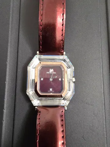 Womens Square Crystal Case Watch with Burgundy Dial and Leather Strap Swiss made