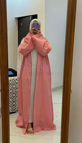 Linen pink abaya with thread embroidery border, 3 piece set ( outer+ inner + hijab)54,56 available