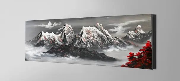 Hand-painted Panoramic Himalaya Landscape Canvas Frameless - Grey  Red Accents