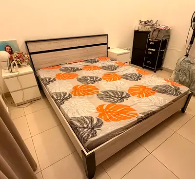 Queen size wooden bed frame with headboard - light oak finish