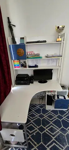 White corner study desk with shelves and storage - used