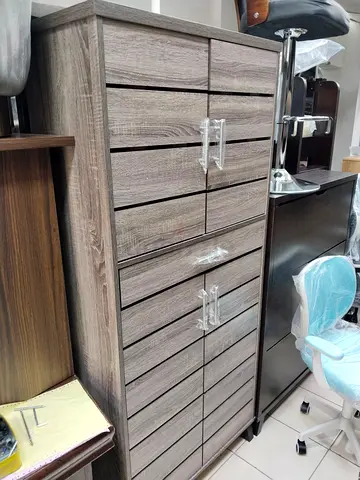 Tall Grey Wood Finish Storage Cabinet with Multiple Drawers