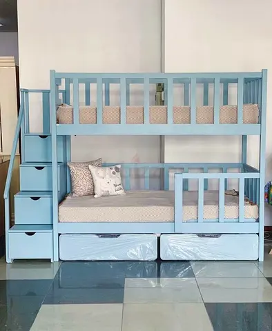 Light Blue Wooden Bunk Bed with Storage Stairs and Under-Bed Drawers